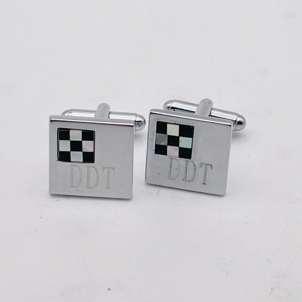Silver Cufflinks With Mother of Pearl and Onyx Checkered Flag DDT Engraving